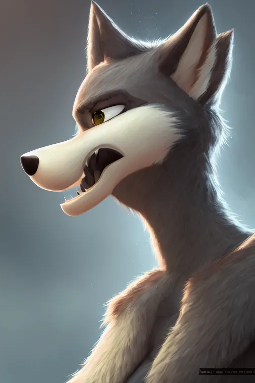 Prompt: matte painting of anthromorphic female wolf, in style of cory loftis, female fursona, furry, furaffinity, 4 k, deviantart, furry art, fursona art, wearing black business suit, business suit, in style of zootopia, wolf fursona, cyberpunk, female, very expressive detailed feminine face,