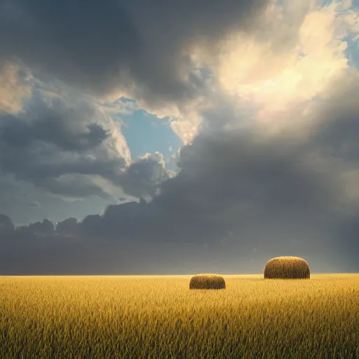 Image similar to haystack on a field, traditional hungarian landscape, dramatic lighting, beautiful, volumetric lighting, colorful, octane render