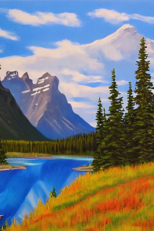 Prompt: bob ross painting of banff alberta