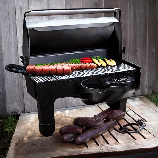 Prompt: a charcoal grill with sausages in the style of surrealist painter Salvador dali