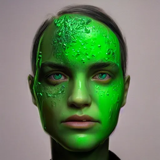 Image similar to face with green goo on it hyperrealistic portrait, photo realistic, poster, artstation, volumetric lighting, digital art, very detailed face by magali villeneuve