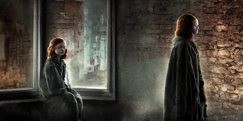 Image similar to at night, sadie sink in hoodie sits on windowsill, knees tucked in | rain falls, old brick wall with ussr propaganda posters : imax film, anamorphic, single long shot from schindler's list by steven spielberg. cyberpunk, cinematic atmosphere, detailed and intricate, perfect anatomy