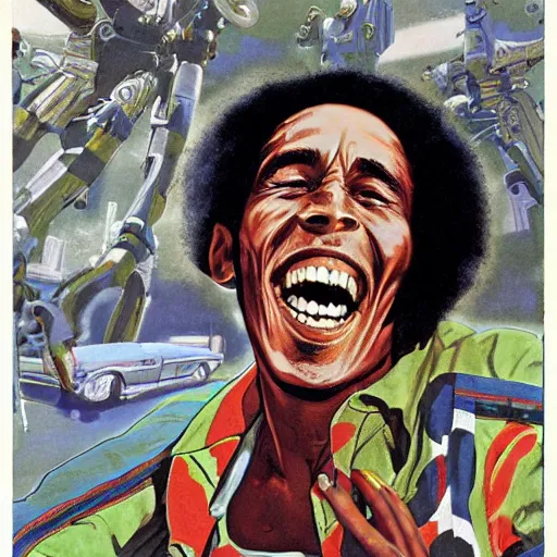 Prompt: scifi Bob Marley by Robert McGinnis, pulp comic style, circa 1958, photorealism