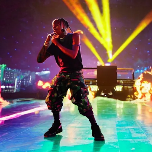 Image similar to travis scott doing a fortnite dance in astroworld concert,