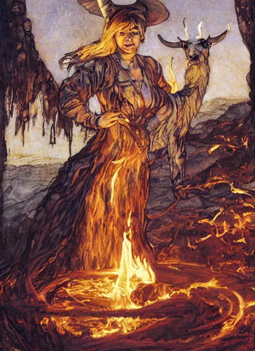 Image similar to half length portrait of a bautiful witch girl burning with a goat in her hands, glowing fire, medieval castle, by mikhail vrubel, by peter elson, muted colors, extreme detail, trending on artstation, 3 5 mm, aperture 1. 2, 8 k