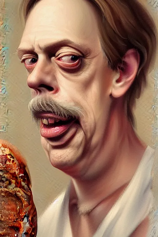 Image similar to beautiful portrait half steve buscemi wearing sourdough bread, by greg rutkowski