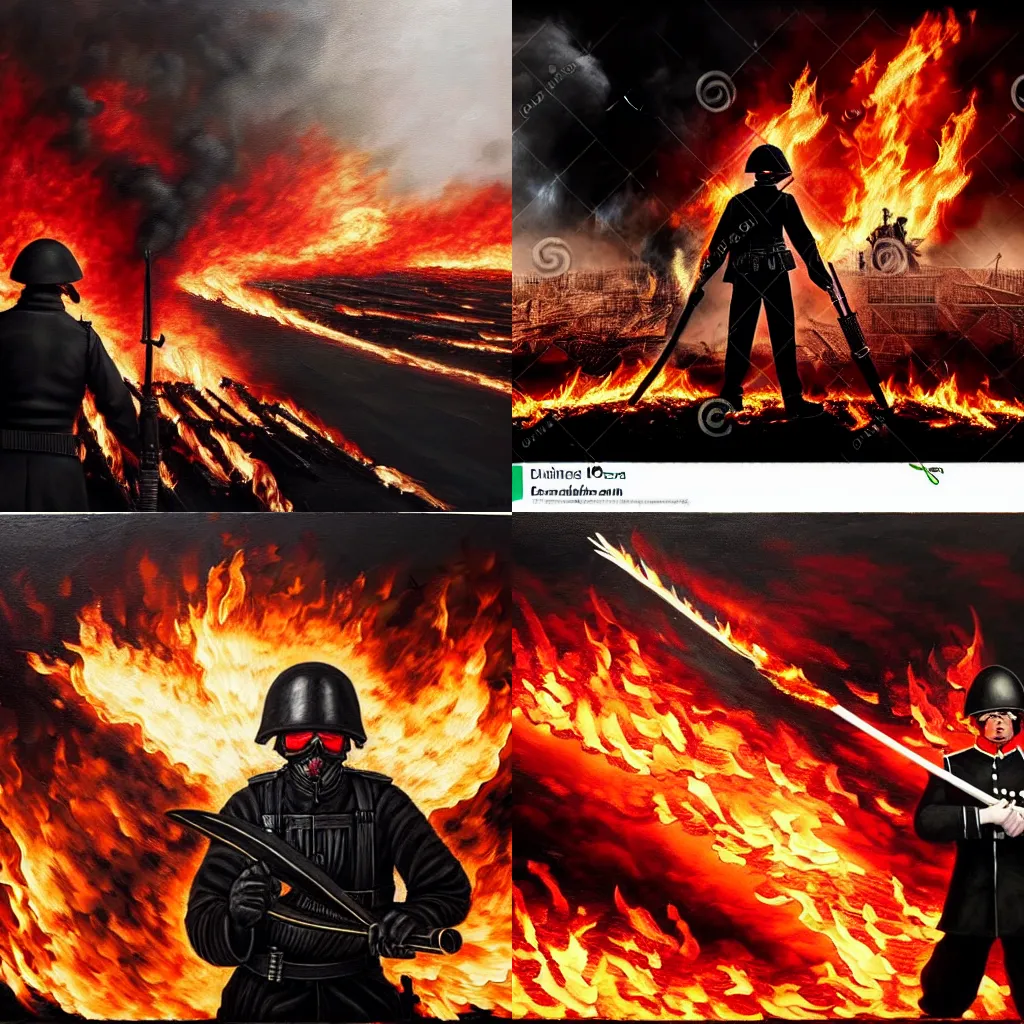 Prompt: a soldier in black clothes who is burning a white flag, against the backdrop of a burning city, battle of good versus evil, insanely detailed and intricate, hyperrealistic, oil painting, shades of red and white and black and fire, 8 k