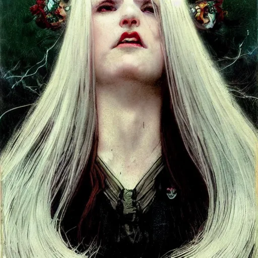 Image similar to portrait of a menacing beautiful vampire, head only, headshot, detailed and clear eyes and mouth, blinding white hair by Stanley Artgerm Lau , greg rutkowski, thomas kindkade, alphonse mucha, loish, norman rockwell, J. C. Leyendecker. hair waving in the wind, pale skin, sinister complexion, thorn crown, image bordered by thorns, thorn background. D&D, fantasy. Trending on artstation rule of thirds extremely detailed illustration hd 4k