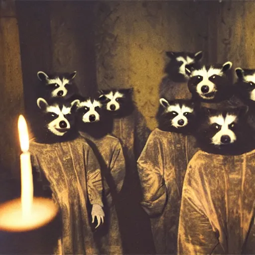 Image similar to vintage disposable camera photo, a group of raccoons wearing dark cult robes look towards the camera in surprise and anger as they perform a dark occult evil ceremony inside the secret lair of an underground mystery cult, dramatic candlelight, ultra - detailed, photorealistic, 4 k