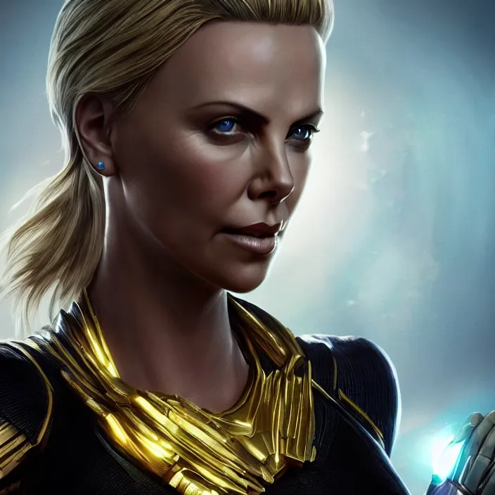 Image similar to portrait of (Charlize Theron), wearing The Infinity Gauntlet. intricate artwork. octane render, trending on artstation, very coherent symmetrical artwork. avengers. thanos. cinematic, hyper realism, high detail, octane render, 8k, iridescent accents