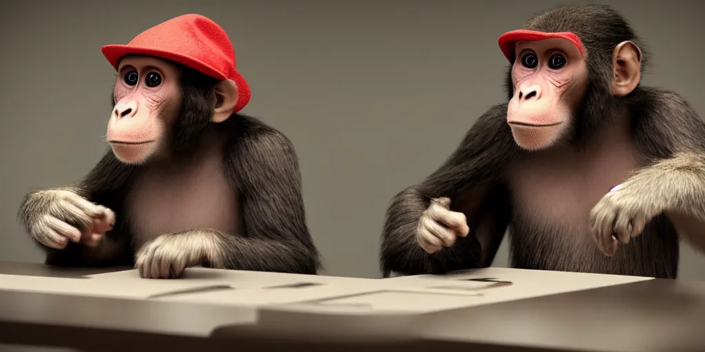 Image similar to monkey working at a bank, monkey clerk, monkey wearing nice hat, cinematic, realistic, high detail