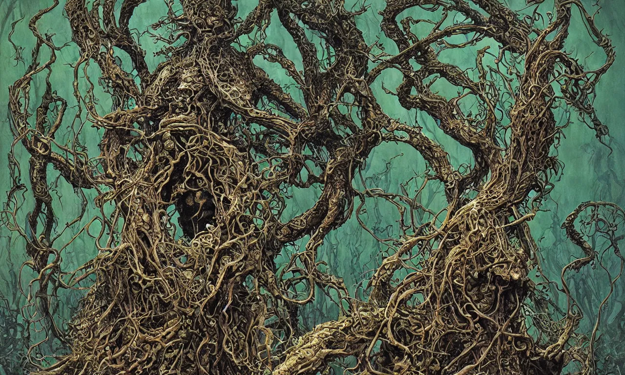 Image similar to hyperdetailed art nouveau portrait of treebeard as cthulhu, by michael whelan, simon bisley, and bill sienkiewicz, grim yet sparkling atmosphere, photorealism, night in the forest, thorns, vines, terror, wild, crazy, scary, horror, lynn varley, lovern kindzierski, steve oliff