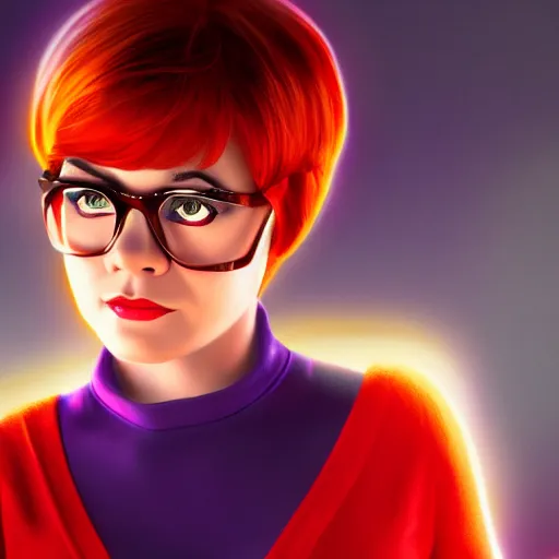 Prompt: Velma from scooby doo, 4k, trending on artstation, dramatic lightning, highly detailed, cinematic, illustration,