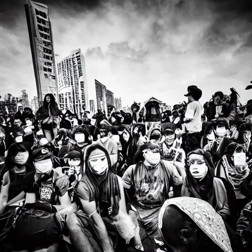 Prompt: hunnic protester face photo black and white wide angle lense