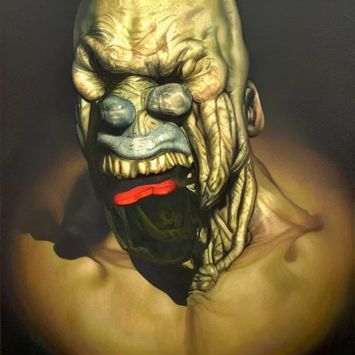 Image similar to oil painting by christian rex van minnen of a portrait of an extremely bizarre disturbing mutated man with intense chiaroscuro lighting perfect composition