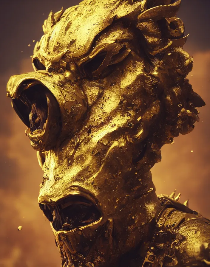 Prompt: Splatterpunk portrait of a golden minotaur mask in the style of greg rutkowski. halo. octane render, cinematic, hyper realism, octane render, 8k, depth of field, bokeh, fur, feathers, iridescent accents