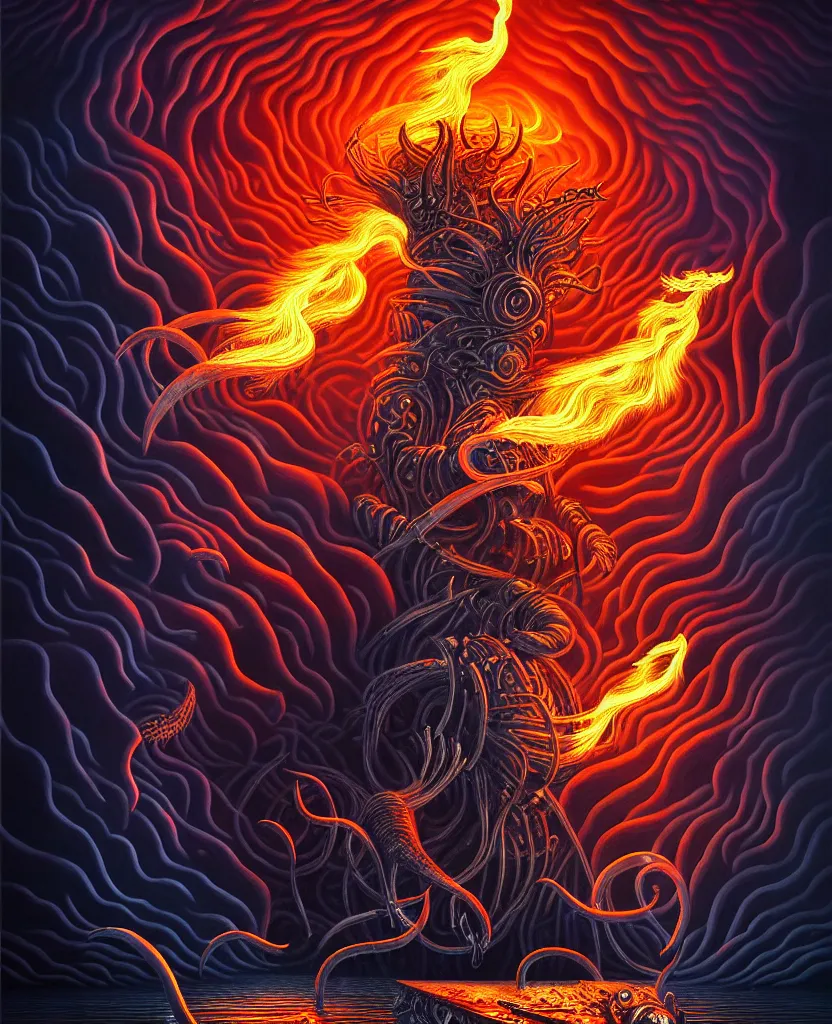 Image similar to mysterious bestiary of wild emotion monsters repressed in the deep sea of unconscious of the psyche lead by baba yaga, about to rip through and escape in a extraordinary revolution, dramatic fire glow lighting, surreal painting by ronny khalil