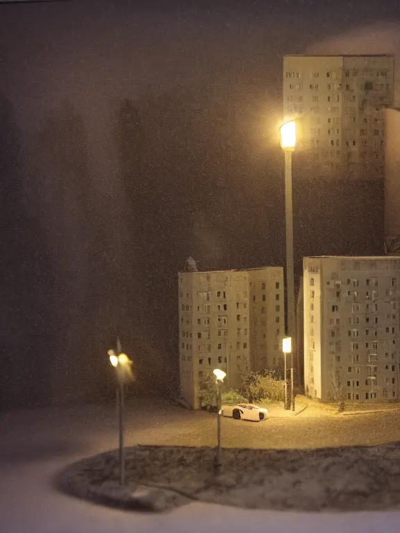 Prompt: small diorama a soviet residential building in soviet suburb, 9 0 s, lights are on in the windows, dark night, post - soviet courtyard, cozy and peaceful atmosphere, fog, cold winter, snowing, streetlamps with orange volumetric light, several birches nearby, elderly man passing by