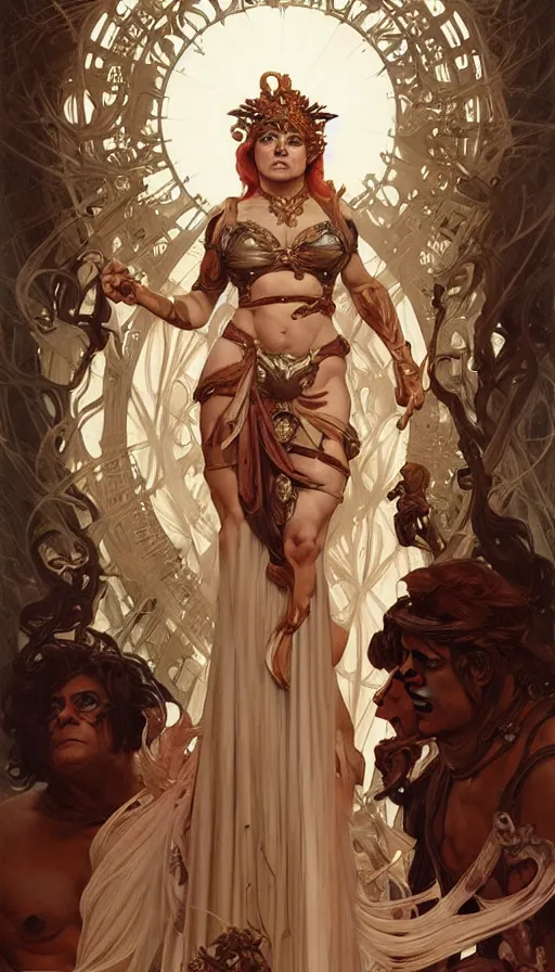 Image similar to danny devito as the roman goddess of chaos!! intricate elegant, highly detailed, digital painting, artstation, concept art, smooth, sharp focus, illustration, art by ( ( ( artgerm ) ) ) and greg rutkowski! and ( ( alphonse mucha ) ), heavily influenced by frank frazetta and boris vallejo, sword and sorcery