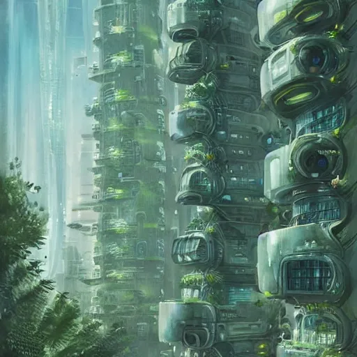 Image similar to Beautiful overgrown futuristic sci-fi city in harmony with nature. Nice colour scheme, soft warm colour. Beautiful detailed watercolor by Lurid. (2022)