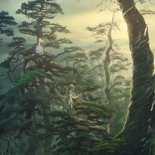 Image similar to ghost spirit, forest, standing on a tree top, 4 k, artgerm, high detail, dramatic lighting, sunset, hayao miyazaki, masashi ando, nizou yamamoto, kazuo oga, joe hisaishi, yoji takeshige, naoya tanaka