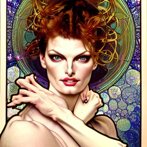 Prompt: realistic detailed face portrait of linda evangelista with a spiral nebula for hair by alphonse mucha, ayami kojima, amano, greg hildebrandt, and mark brooks, art nouveau, neo - gothic, gothic, character concept design