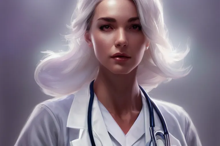 Image similar to an elegant and beautiful female doctor in a white coat in a ward, cinematic, highly detailed, digital painting, artstation, concept art, matte, sharp focus, illustration, art by artgerm and greg rutkowski