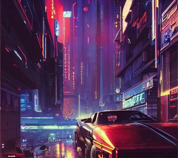 Image similar to a portrait of a cyberpunk epic Friday night firefight, Night City, cyberpunk 2077, very very coherent painting, 1979 OMNI Magazine Cover, street level neo-Tokyo in Cyberpunk 2045 style by Vincent Di Fate by mark arian by artgerm, 4k, 8k, HD, trending on artstation