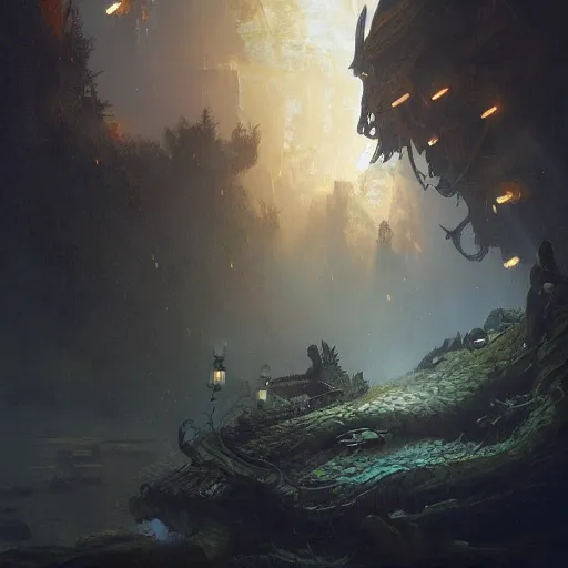 Image similar to Concept art, beautiful painting of a dragon, shining its light among lanterns and fireflies, 8k, james gurney, greg rutkowski, john howe, artstation