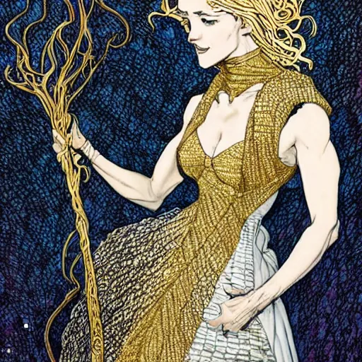 Image similar to woman wearing dress made of silver fish scales with long curly gold hair, art by Rebecca Guay, trending on artstation