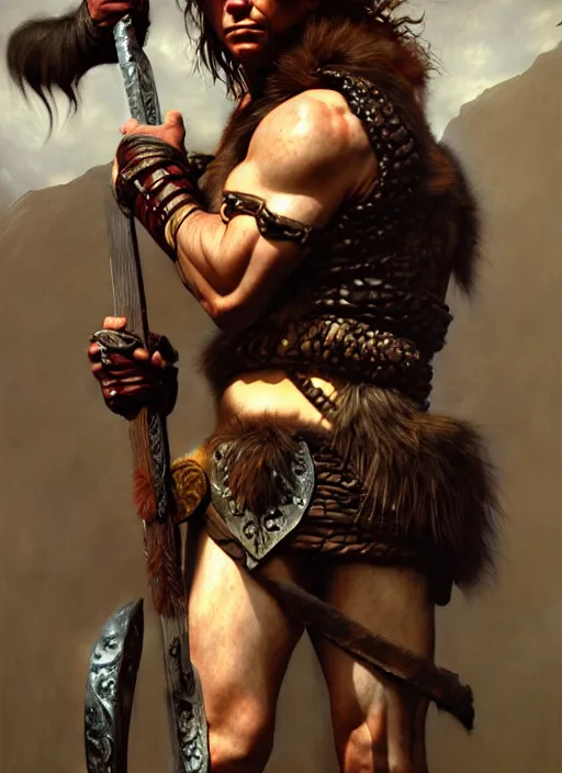 Prompt: barbarian, savage, full body, hyper realistic, extremely detailed, dnd character art portrait, dark fantasy art, intricate fantasy painting, dramatic lighting, vivid colors, deviantart, artstation, by edgar maxence and caravaggio and michael whelan and delacroix.