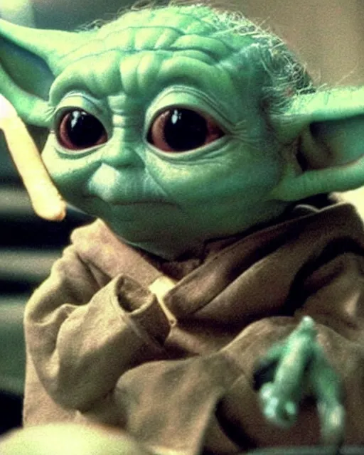 Image similar to baby yoda eating an octopus in the style of the movie oldboy