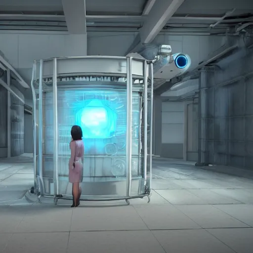 Prompt: cryogenics chamber concept with woman inside. maya, 3 ds max, photoshop, vray, sky - fi, concept art, matte painting, unreal engine