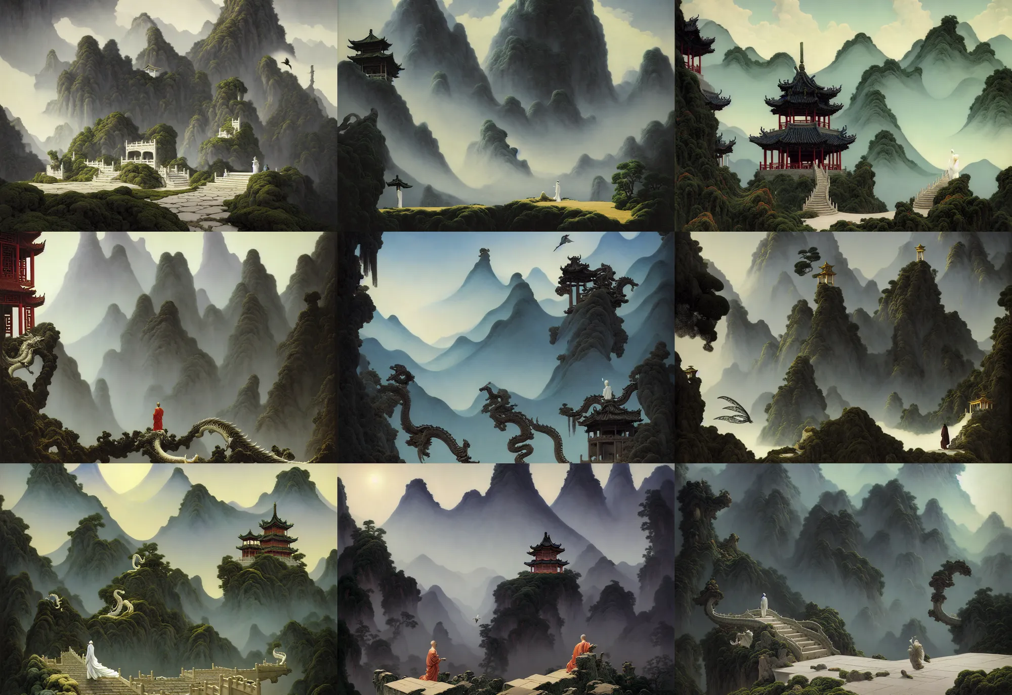 Prompt: a gorgeous landscape painting by barlowe wayne, maxfield parrish and marco mazzoni. an abandoned chinese temple. a ultra long chinese white dragon is flying through the clouds and mist among the mountains. birds. a lonely chinese grey blue monk walks on the winding stone steps, 3 d, octane render, turbulent blood lake, 8 k.