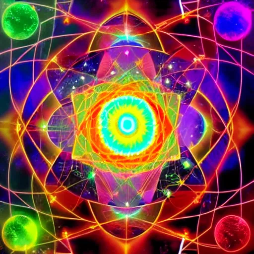 Image similar to quantum mechanical transdimensional imagery that connects all human minds to cosmic awareness | scientific psychedelic mystical occult religious