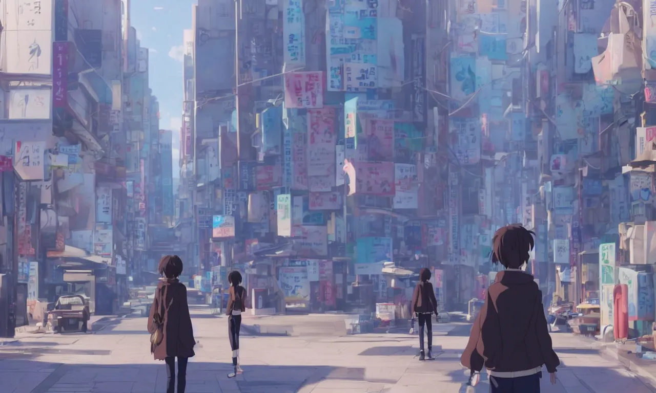 Prompt: A screenshot of the girl on the a seoul city street in the scene in the Makoto Shinkai anime film Kimi no na wa, pretty rim highlights and specular