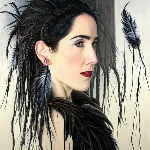 Image similar to detailed realistic oil painting youthful young jennifer connelly with black feathers instead of hair, dark fae, black lips, gray mottled skin, feathers growing out of skin, feathers growing from arms, black hands with long black claws, pale and sickly, profile view, gothic