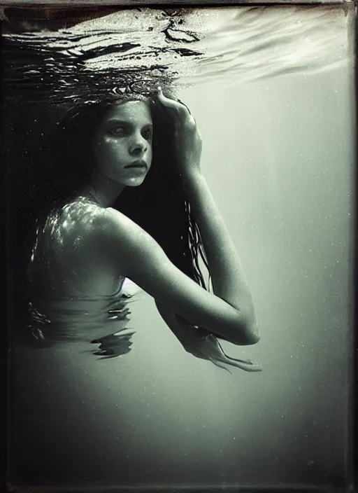 Prompt: close - up portrait of beautiful young woman underwater, art by sally mann