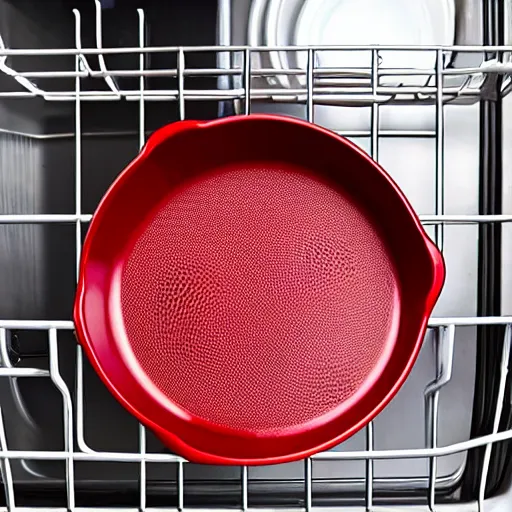 Image similar to cast iron skillet pan loaded into dishwasher rack, anger, red