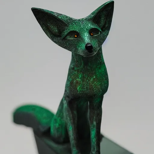 Prompt: Portrait photography of an Emerald fox sculpture