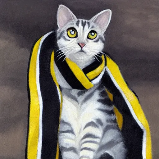 Image similar to oil painting extreme wide shot of a white and grey tabby cat wearing a black yellow striped hufflepuff scarf, in the gloucester cathedral cloisters, digital painting, high detail, award - winning, playful