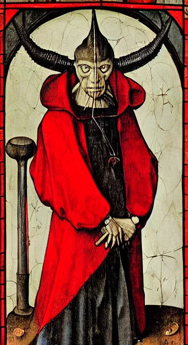 Prompt: Regal portrait of the Devil in red doublet, stunning stained glass window by Hieronymus Bosch.