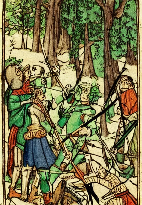 Image similar to Clear medieval illustration of Robin Hood and the merry men in the forest