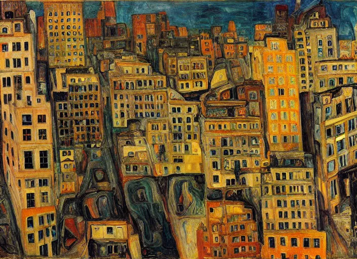 Image similar to a San-Francisco cityscape, houses, trees and hell in style of Chaim Soutine, Egon Schiele city drawings and Frank Auerbach and Bosch