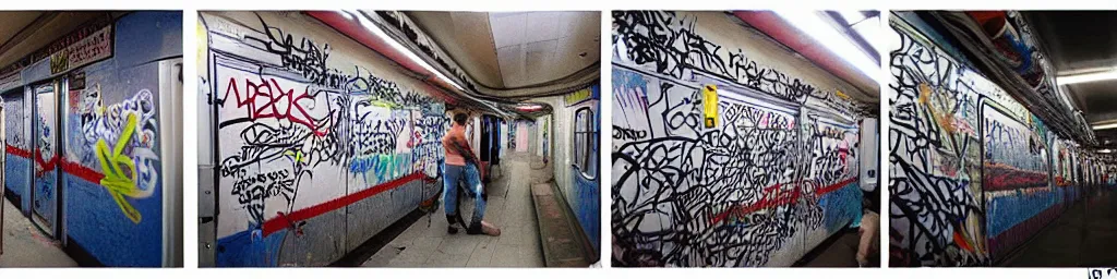 Prompt: 1980s NYC Subway Train Covered End to end in graffiti, high quality street art