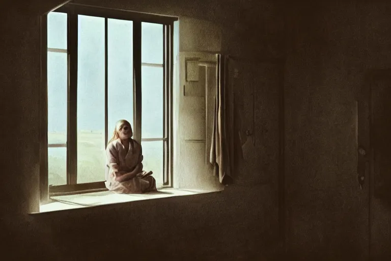 Prompt: a cinematic painting of an old female prisoner inside of jail cell looking out of a window onto a beautiful serene landscape, beautiful lighting, high depth, ultra realistic, artistic, by annie leibovitz, by gregory crewdson