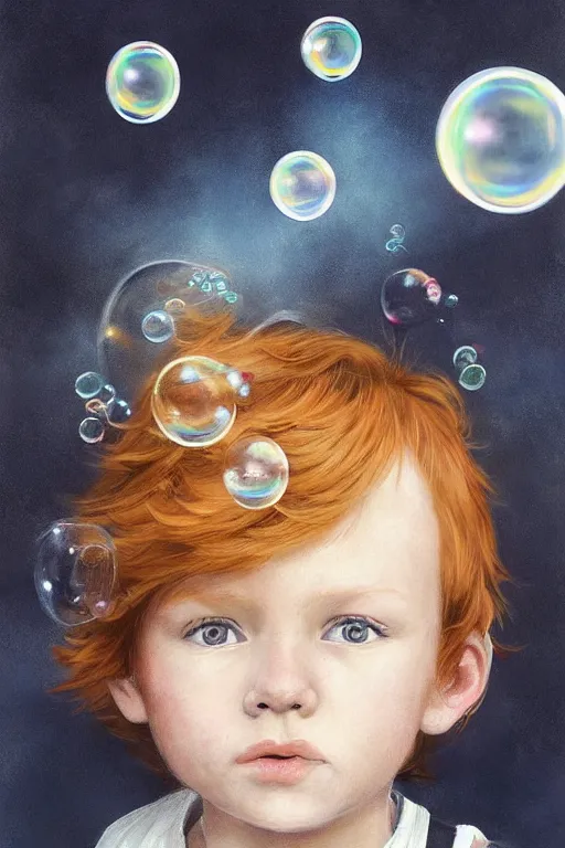 Image similar to a little boy with ginger hair wearing denim overalls chasing bubbles. clean elegant painting, beautiful detailed face, lots of bubbles. by artgerm and greg rutkowski