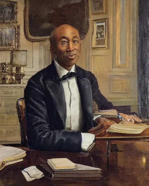 Prompt: facial portrait of the united states president, an ugly 7 8 year old kobe bryant, resolute desk, 1 8 4 8, oil on canvas by william sidney mount, trending on artstation, national archives