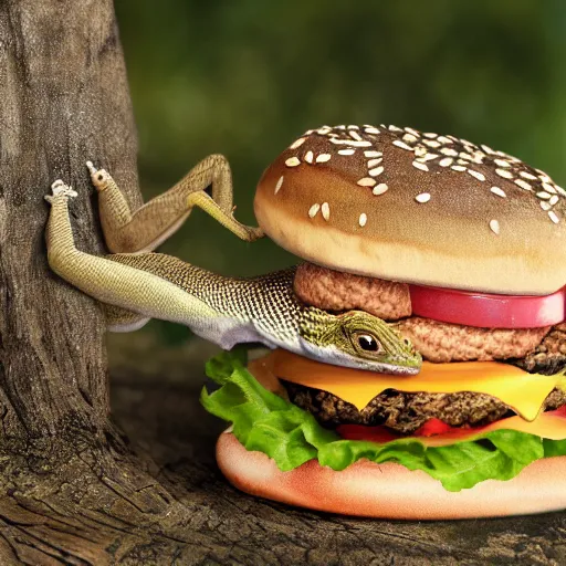 Image similar to lizard eating burger 4 k photorealistic