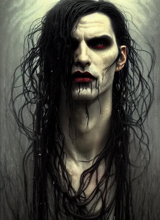 Image similar to portrait of a ancient immortal vampire elegant man with long tangles of black hair, beautiful piercing eyes, gothic fog ambience, hyper realistic head, fantasy art, in the style of greg rutkowski, zdizslaw beksinski, intricate, alphonse mucha, hyper detailed, smooth